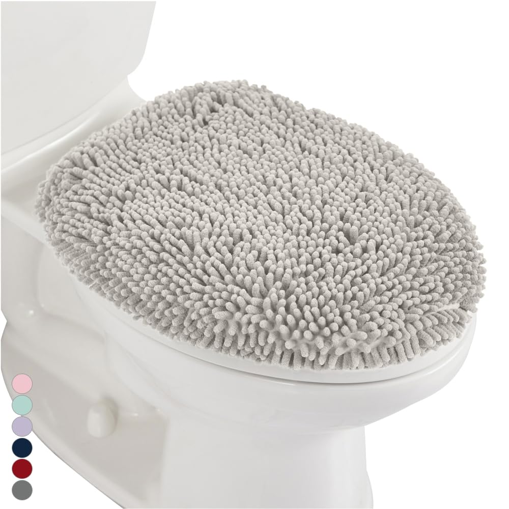 GORILLA GRIP Shag Chenille Bathroom Toilet Lid Cover, Machine Wash, Ultra Soft Plush Seat Covers, Large Fabric Covers, 19.5x18.5, Fits Standard Toilet Lids, Bathroom Accessories and Decor, Light Gray