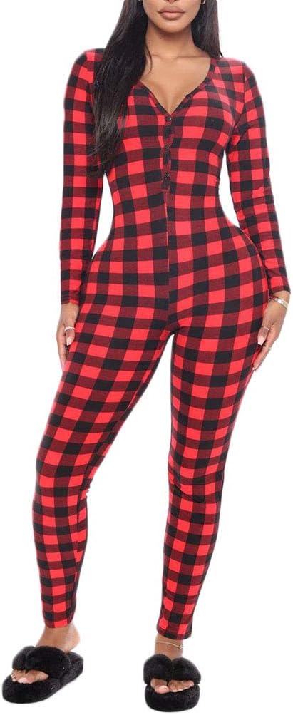 Women's V Neck Long Sleeve Jumpsuit Bodycon One Piece Pajamas Bodysuit Romper Sleepwear