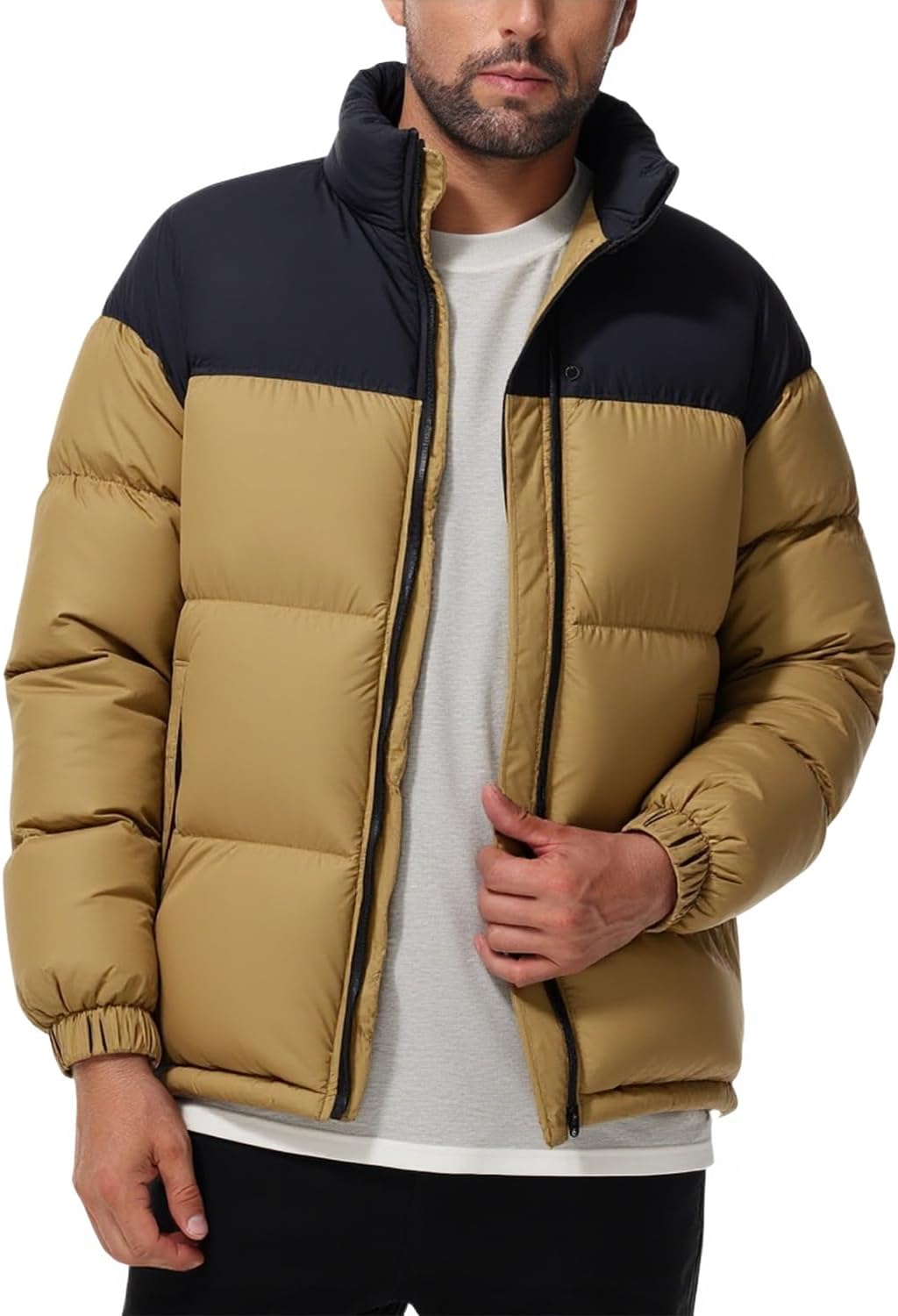 Men's Puffer Jacket Thickened Winter Coat Warm Stand Collar Color Block Zip Up Jacket Ski Bubble Coat - Image 6