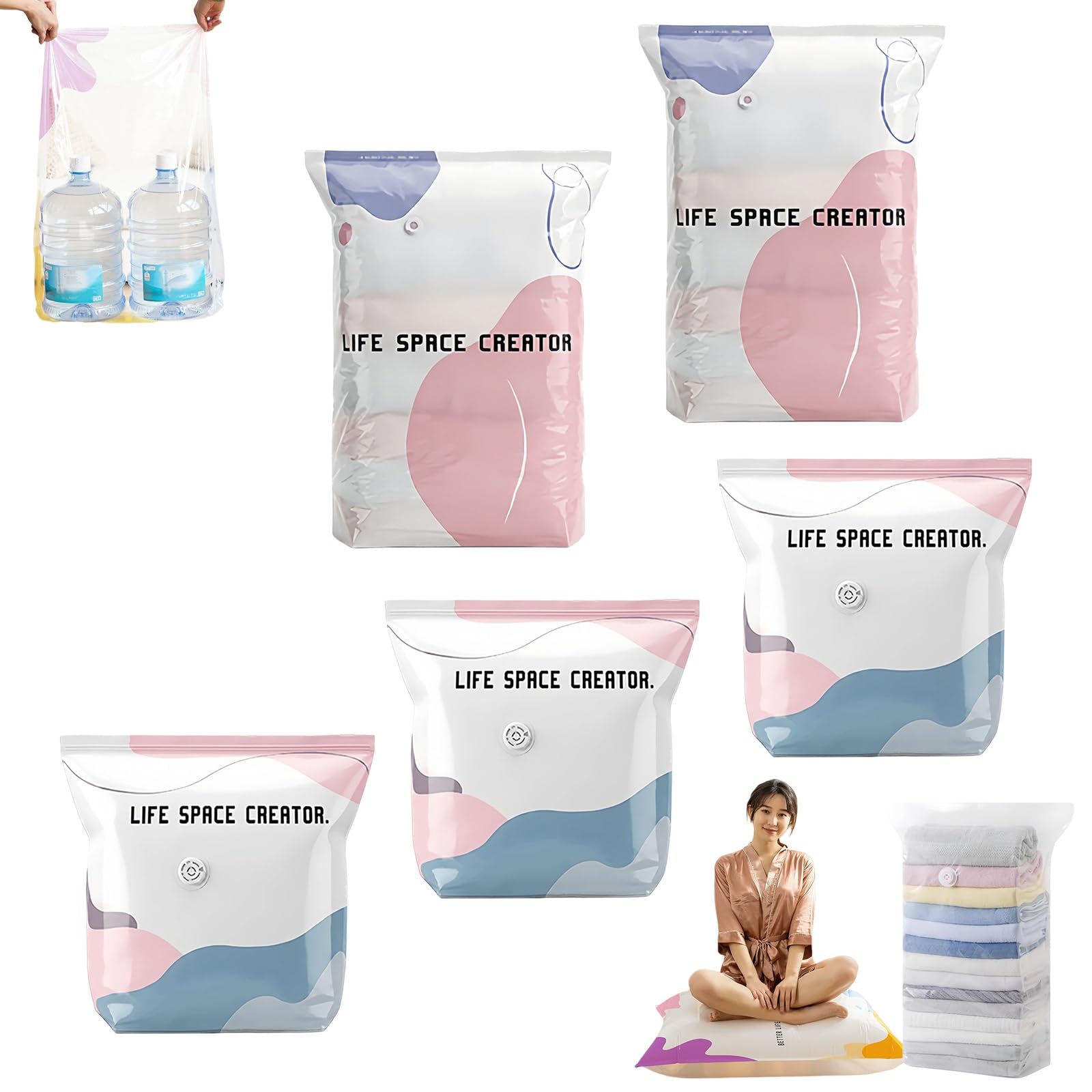 Thickened Better Life Space vacuum bag, reusable 3D vacuum storage bag without pump, waterproof vacuum bag clothing, seasonal storage effortless(M+M+M+L+L)