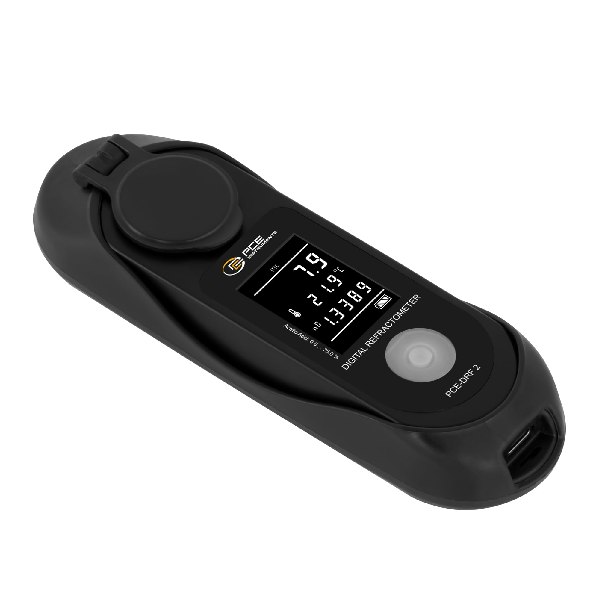 Refractómetro PCE-DRF 2 / Para ácido acético/Rango 0 ... 75% / Medición adicional del índice de refracción: 1,3270 ... 1,3770 nD/Batería recargable/Carcasa ABS con protección IP65