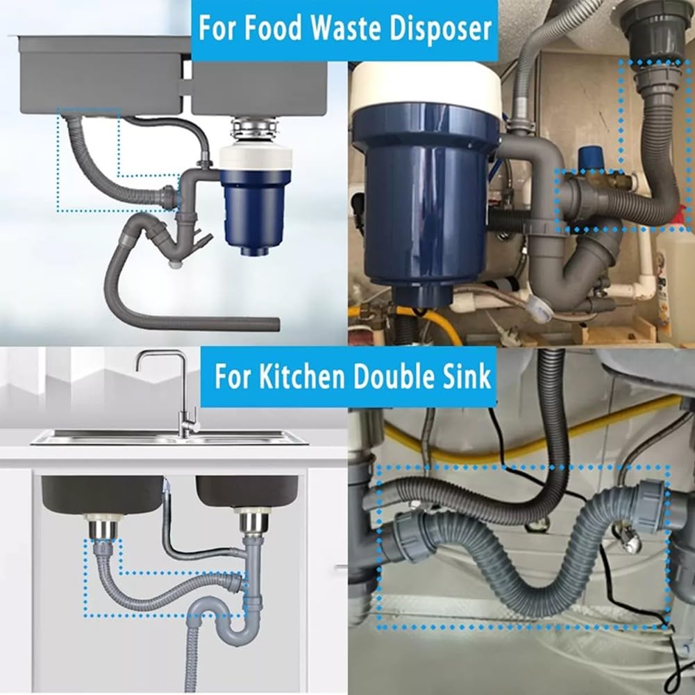 Flexible Sink Drain Pipe P-Trap With Adapter – 1-1/2 & 1-1/4 Inch, Extendable 20-80cm Corrugated Hose, For Kitchen, Bathroom & RV, Leak-Proof