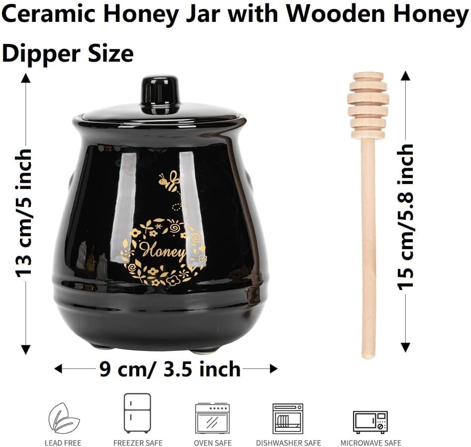 Ceramic Honey Jar With Wooden Honey Dipper - Honey Pot With Dipper - Black Honey Dispenser with Stand, Great Bee Decor- Farmhouse Kitchen Decoration