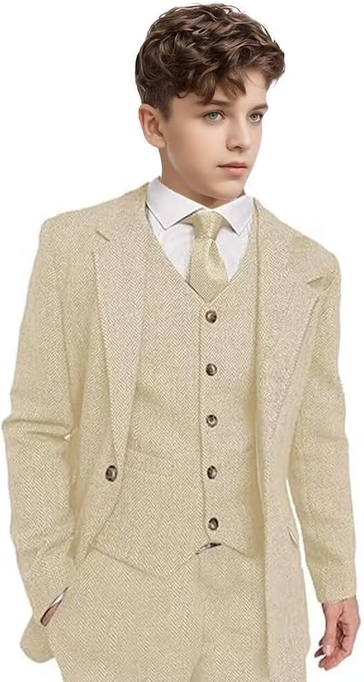 Boys Tweed Suit Wedding Suit Prom Tuxedos Boys Warm Suit 3 Piece Notched Lapel Blazer Vest Pants