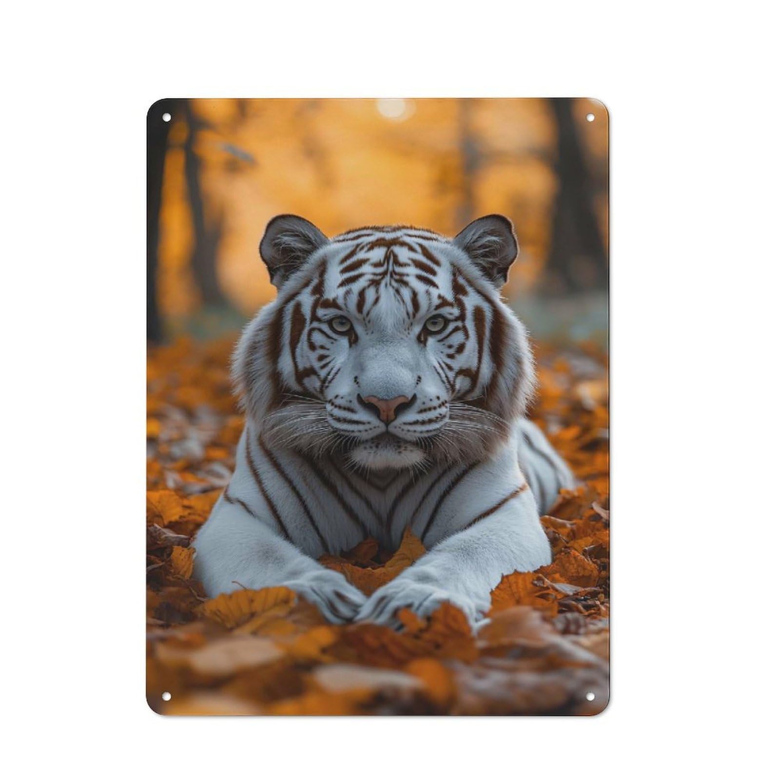 Junmoney Style-10 White Tiger In Autumn Leaves Retro Tin Wall Plaque 40X30cm For Hobby Room Or Studio, New Home Wall Decor For Hobby Room Decor Fans