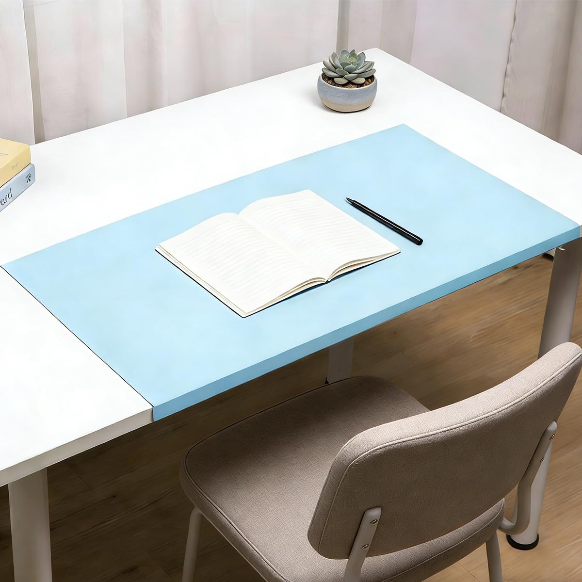 Large Desk Pad with Edge Protector, Leather Extended Keyboard Mouse Mat, Waterproof Desk Blotter Pad Table Protector for Office Work Writing Study (Light Blue,90x45cm) — image 1