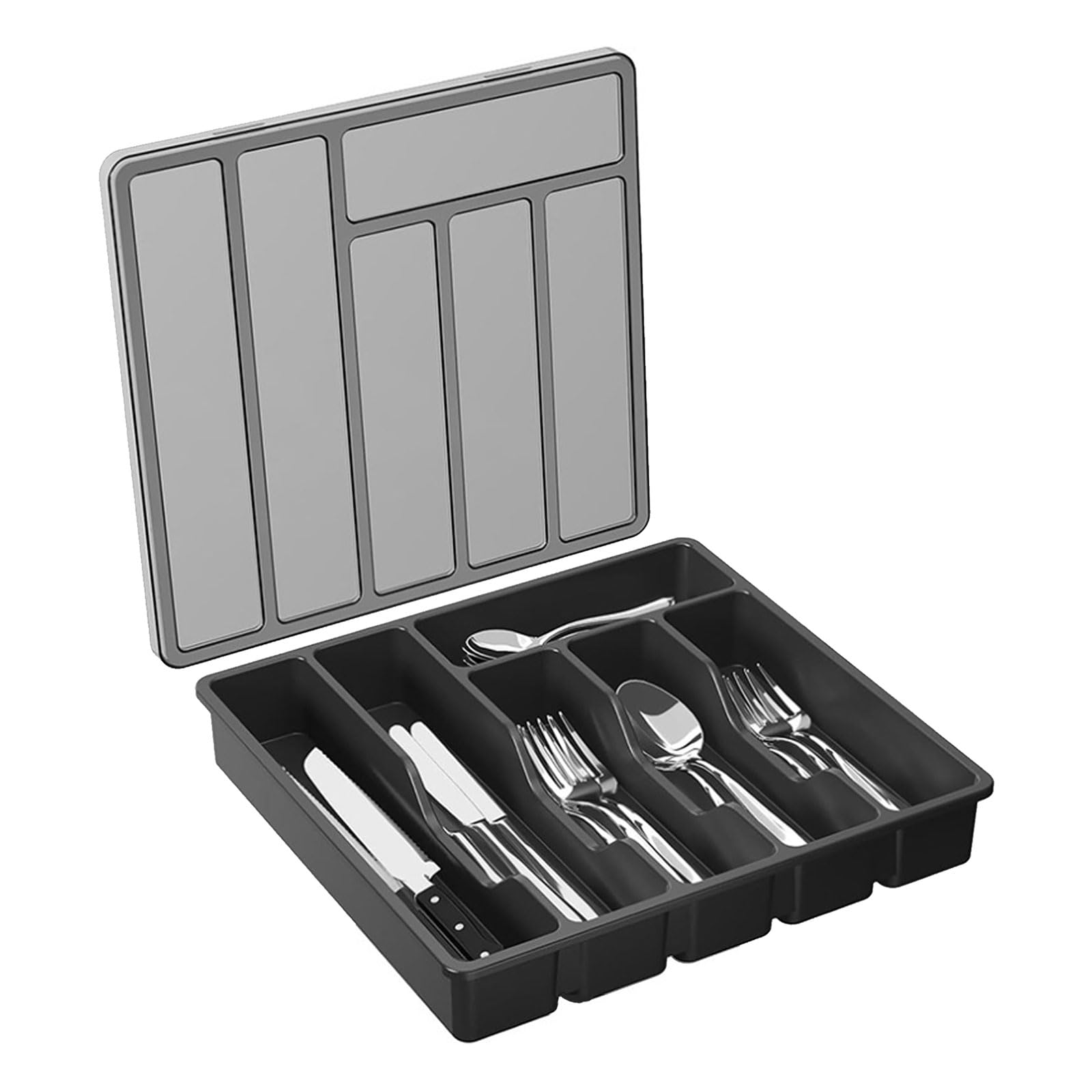 YROHGKPN Multi Compartment Drawer Organizer Gray/Black Kitchen Cutlery Storage Holder with Cover Kitchen for Spoons and Forks