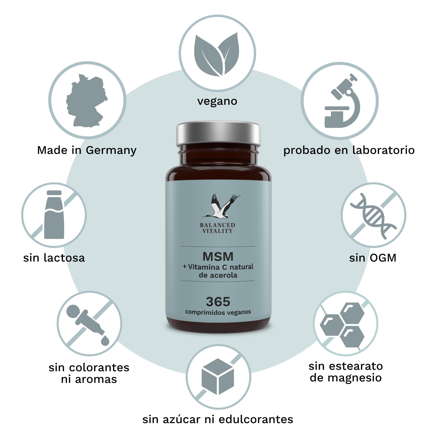 Balanced Vitality MSM + vitamina C – Reserva para un año 365 pastillas veganas – 2000 mg de metilsulfonilmetano + vitamina C natural (acerola) – Sin aditivos – Made in Germany