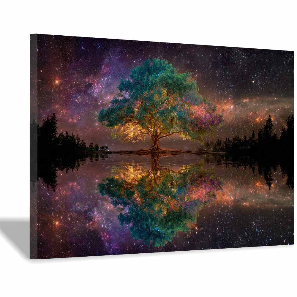 ZAMAEIU Tree of life wall art Star-reflected trees abstract canvas wall, For Bathroom, Living Room, Bedroom, Office.Gift for Home Decor(green)-30x50cm Framed