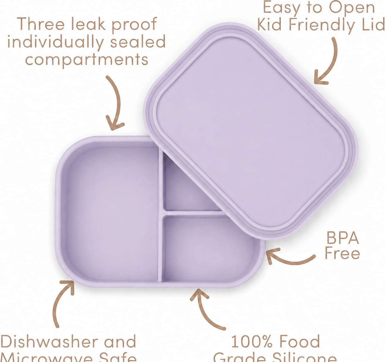 Ullabelle Kids Bento Box – 3 Compartments, Leakproof Lunch Box, BPA-Free Snack Container, Divided Lunch Box for Toddlers & Kids, Dishwasher Safe, Easy to Clean (Lilac) image 3
