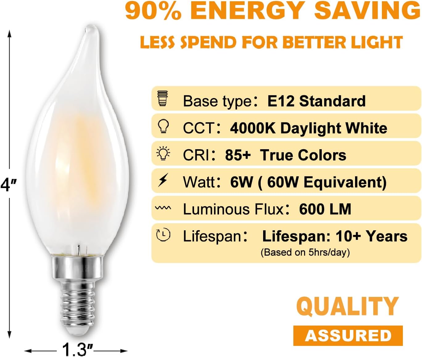 E12 C11 LED Chandelier Light Bulbs, 6W (60W Equivalent) Dimmable, Frosted Glass, 600 Lumens, 4000K Daylight White, Candle Shaped, Ideal for Candelabra & Open Fixtures, 12-Pack