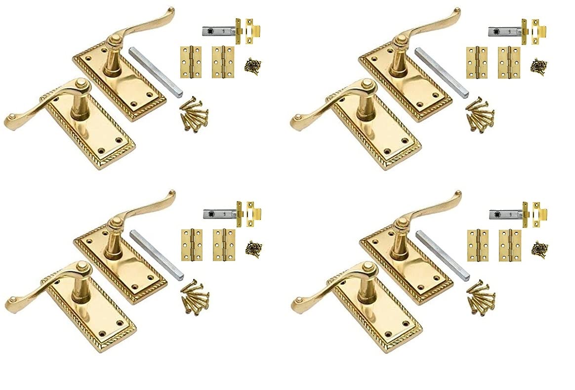 Golden Grace 4 Sets of Georgian Lever Latch Door Handle Polished Brass Finish 107mm x 48mm with Latches and Hinges