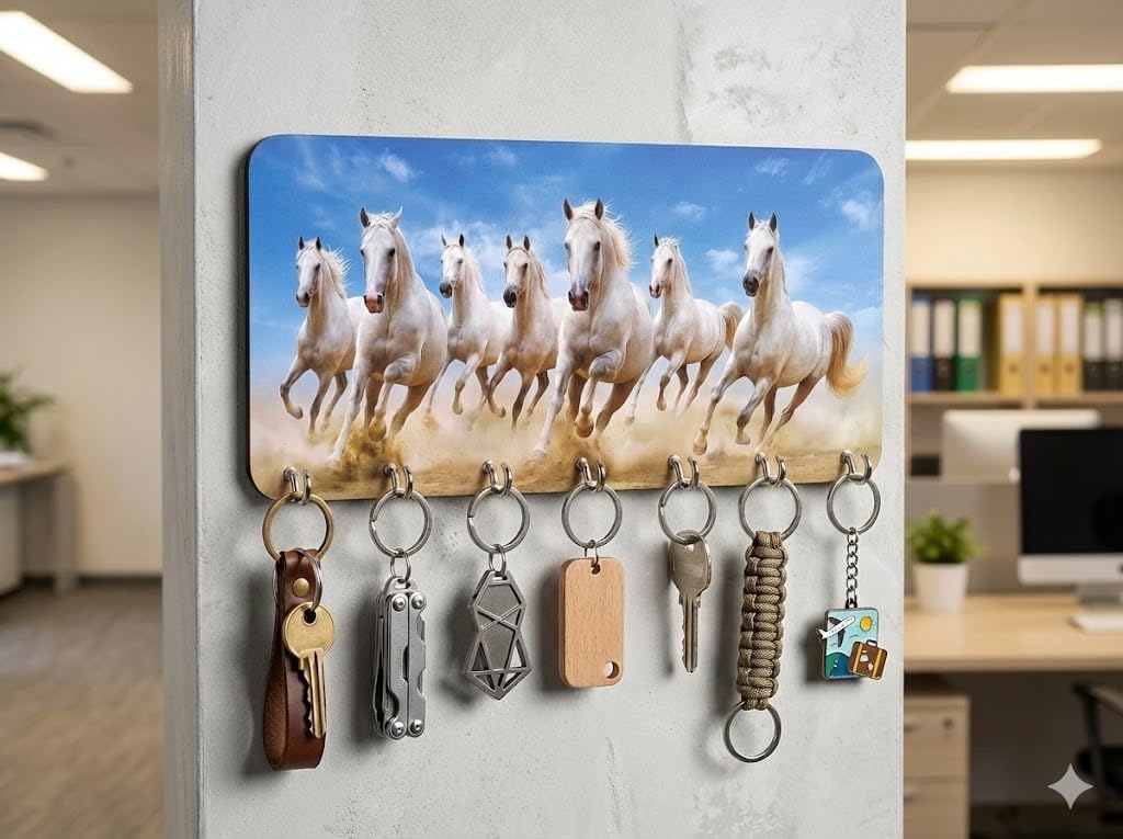 MDF Wood 7 Running Horses Key Holder | Wooden Wall Mounted Key Stand with 7 Hooks | Vastu Horse Wall Decor Organizer for Home Entrance Living Room & Gifting, 11 x 0.5 x 5.5 Inch (Blue)-image-49