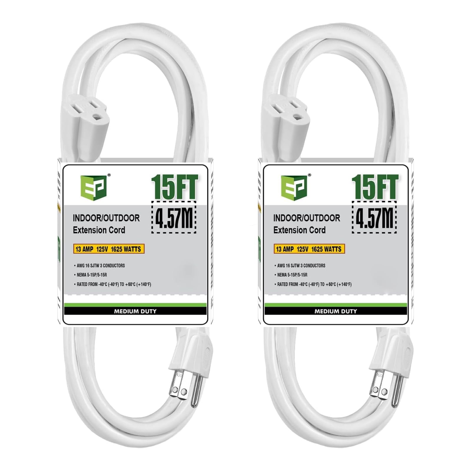 EP 15 FT Outdoor Extension Cord, 16/3 SJTW Heavy Duty White 2PK, ETL Listed