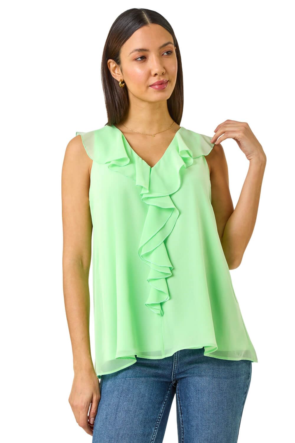 Roman Originals Women's Mint Frill Front Vest Top Ruffle Blouse Summer Spring Special Occasion Evening Holiday Cruise Cocktail Party Short Long Sleeve Sleeveless V-Neck - Size 16