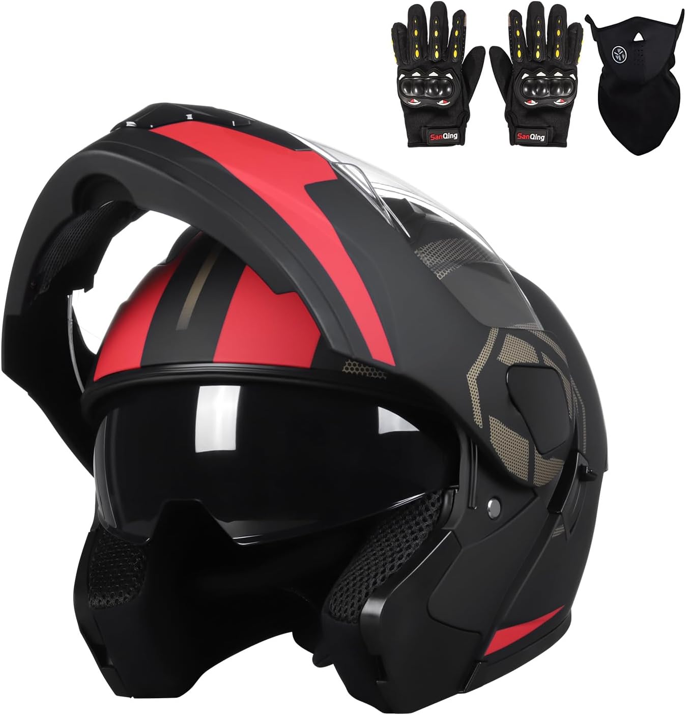 Adult Modular Motorcycle Helmets, DOT Approved Flip up Dual Visor Full Face Helmet for Men Women Moto ATV UTV Snowmobile ADV Four Wheeler Street Bike with Gloves & Mask Large Black Red