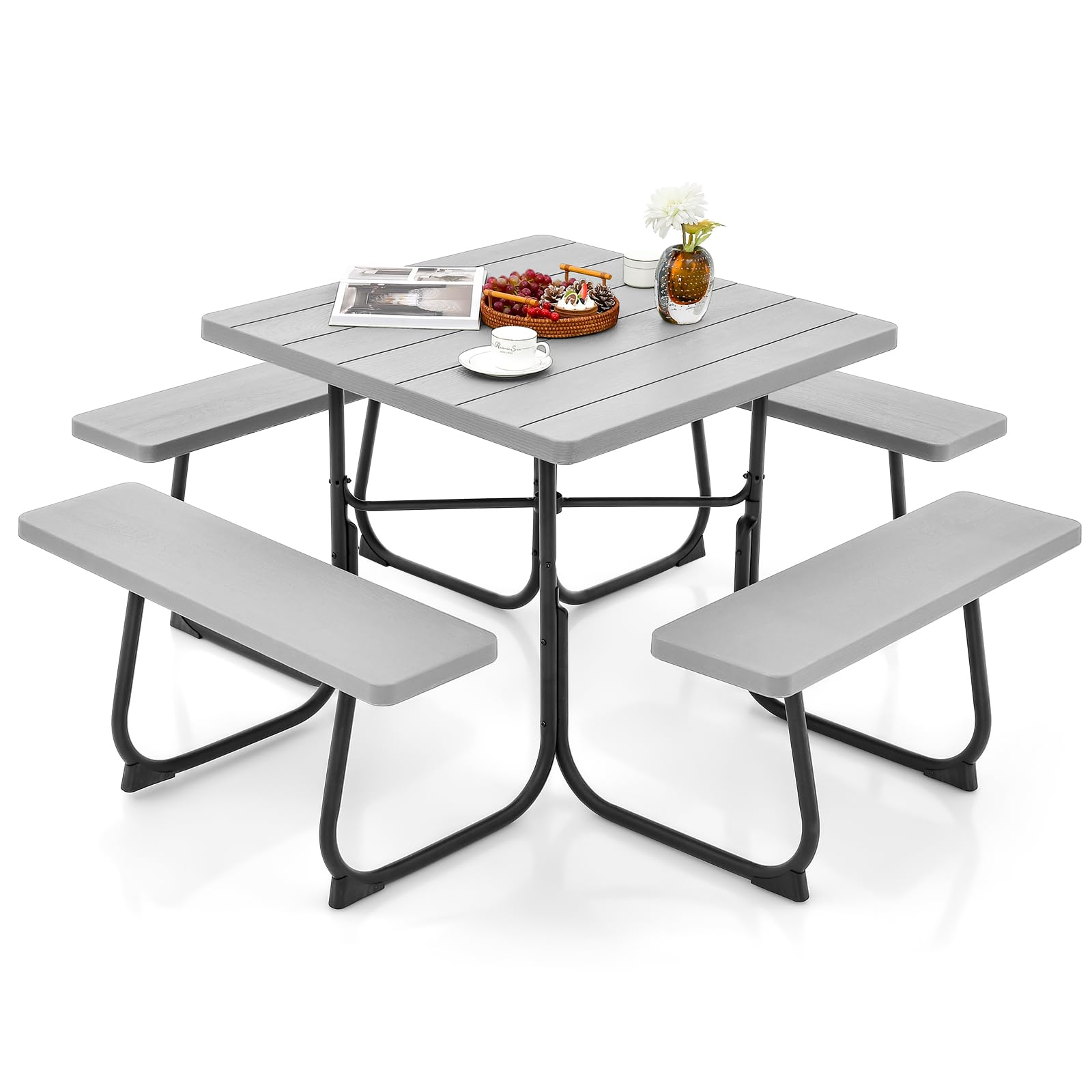 Giantex Picnic Table Set for 4-8 Persons, Outdoor Table and Bench Set with Umbrella Hole, HDPE Top & Metal Frame, 500LBS Capacity, Square Patio Table Bench Set for Deck Backyard Garden (Gray)