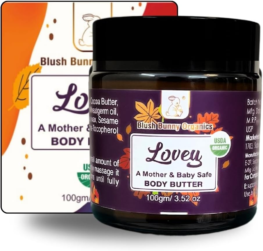 Blush Bunny Organies Lovey Mother & Baby Safe Body Butter Cream, Natural, Vegan & Non-Toxic With Organic Cocoa & Shea Butter, Pregnancy & Baby Safe, Ideal For Dry Skin, 100g / 3.52oz