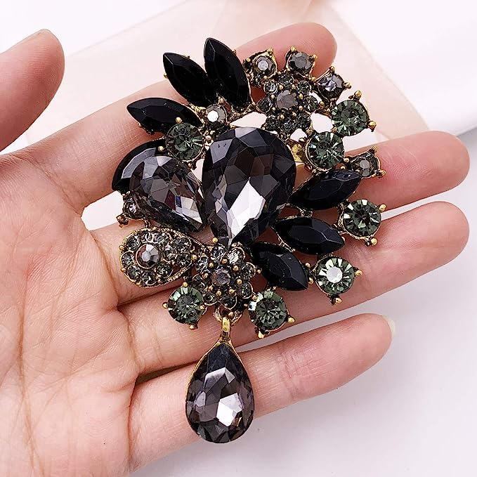 Image of Wedding Bridal Big Crystal Rhinestone Bouquet Brooch Pin for Women (Black Tear Drop)