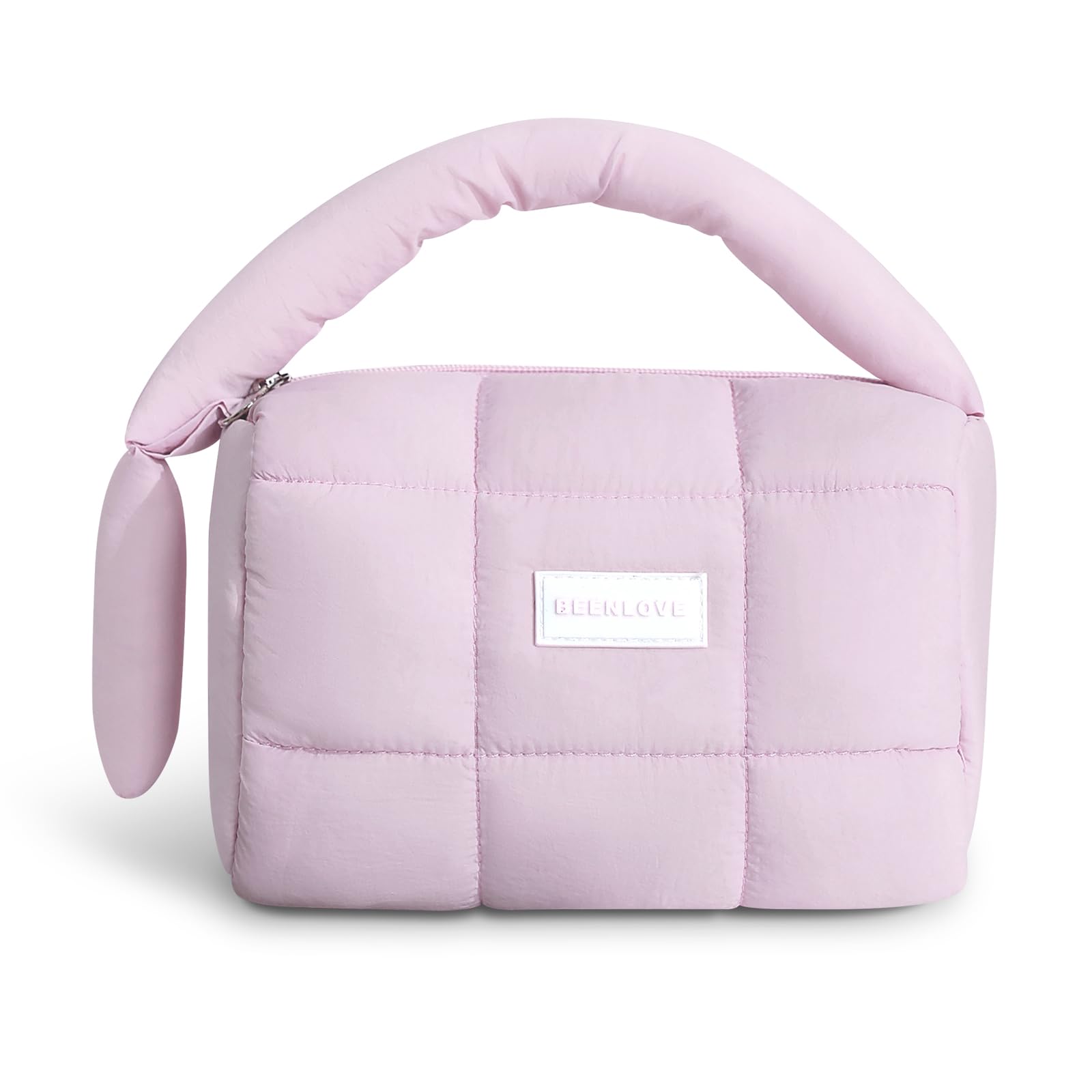 voioe Cute Puffy Makeup Bag with Handle, Quilted Cosmetic Organizer Bag, Waterproof Travel Toiletry Pouch, Portable Handbag with Zipper for Women and