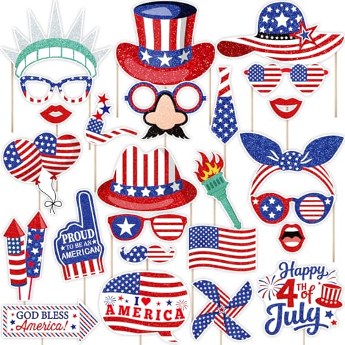 Konsait 25Pcs 4th of July Photo Booth Props Independence Day American Patriotic Props Party Supplies Decorations & Accessories