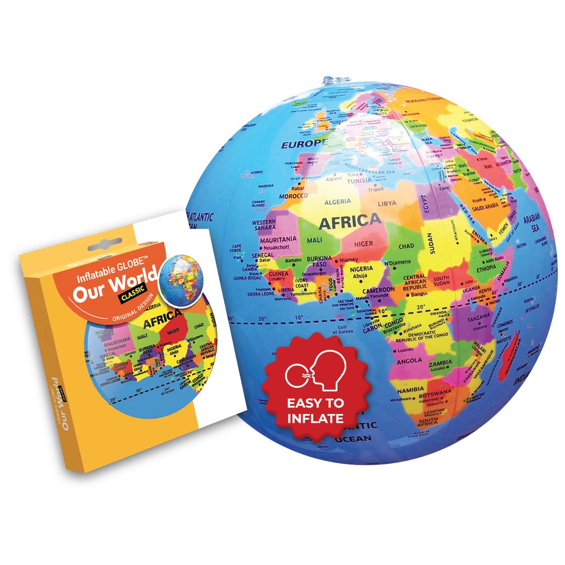 Waypoint Geographic Our World 12" Inflatable Globe, Educational World Globe, Lightweight Spinning Globe, Political World Map, Easy to Inflate, Includes Zoom Info Game