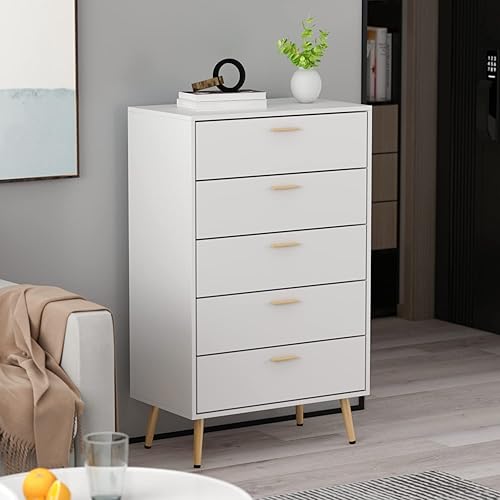Miniatura 4 de Homsee Cómoda de almacenamiento moderna con 5 cajones, cómoda de madera con patas y asas de metal dorado para dormitorio, sala de estar, color