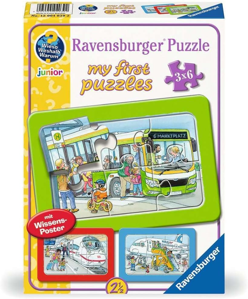 Ravensburger Children's Puzzle - 12004039 On The Go by Bus, Train and Aeroplane - My First Puzzle with 3 x 6 Pieces and with Why? Why ? Why? Knowledge Poster, for Children from 2.5 Years