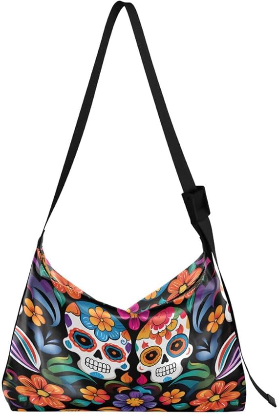 Floral Sugar Skull Day Of The Dead Butterfly Women's Leather Hobo Handbag Shoulder Bag Crossbody Casual Large Tote Bag Purse