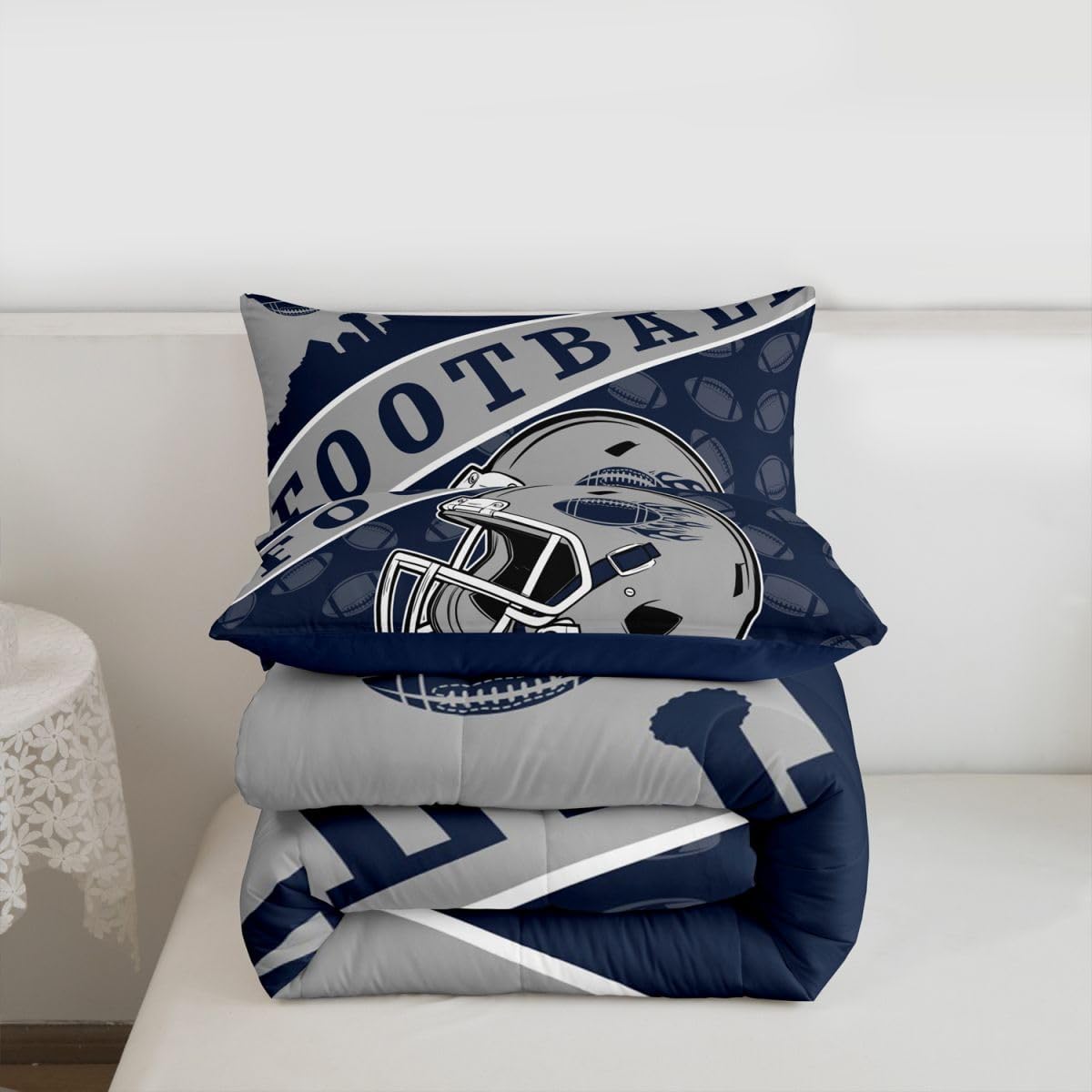 Erosebridal Classic Football City Helmet Comforter Sets, Gridiron Theme Bedding Navy and Grey Sports City Silhouette Illustration Bed Set Full for Rugby Sports Fans Gift