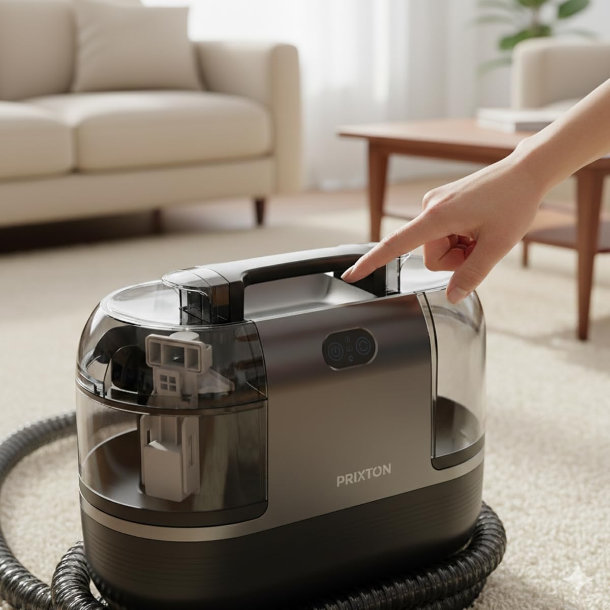 PRIXTON Aspirador de Alfombras y Tapicerías AquaClean Steam Pro 1700W con Vapor y Agua Caliente 60 °C, 15 kPa, Doble Depósito y 4 Accesorios