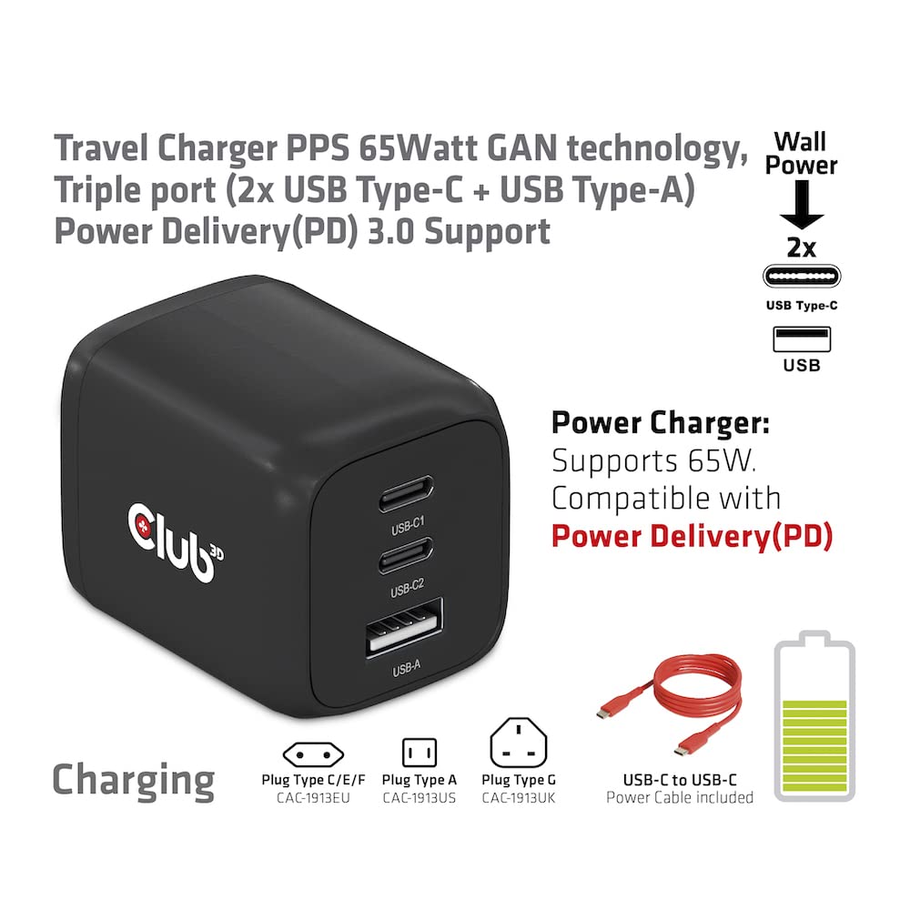 Club3D CAC-1913EU PPS - Caricabatterie da viaggio con tecnologia GAN da 65 Watt, tripla porta (2 USB Type-C + USB Type-A) Power Delivery (PD) 3.0