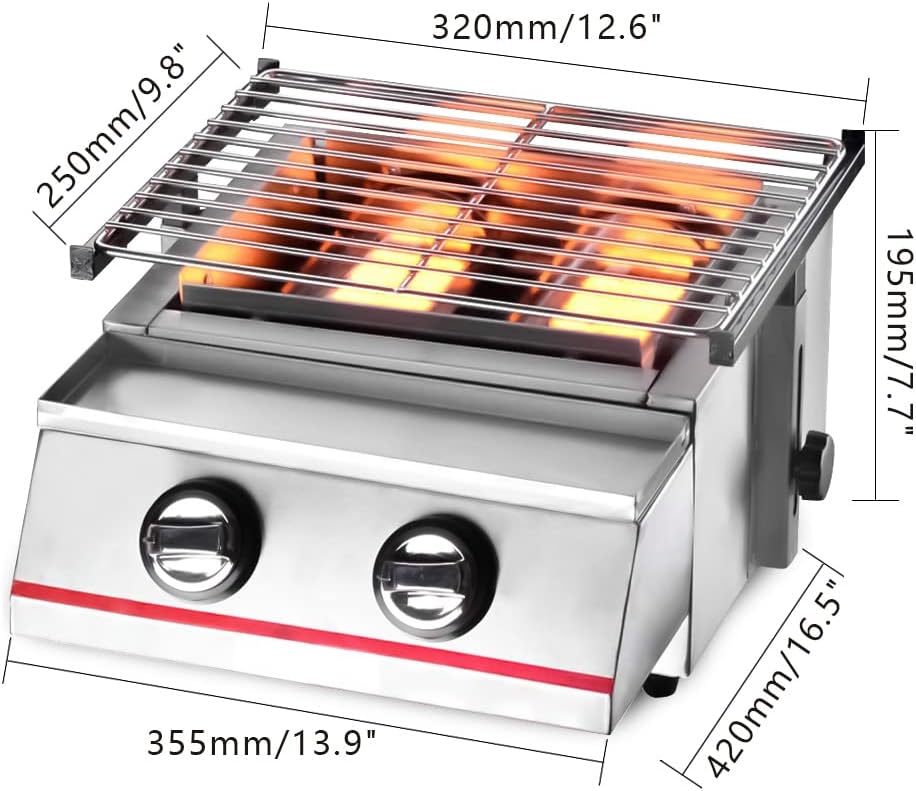 Commercial Smokeless Grill Indoor, 2 Burner LPG Gas Grill Portable Outdoor & Indoor Smokeless Grill, Adjustable Height Commercial Gas Broiler Barbecue Griddle for Restaurant, Party, Camping