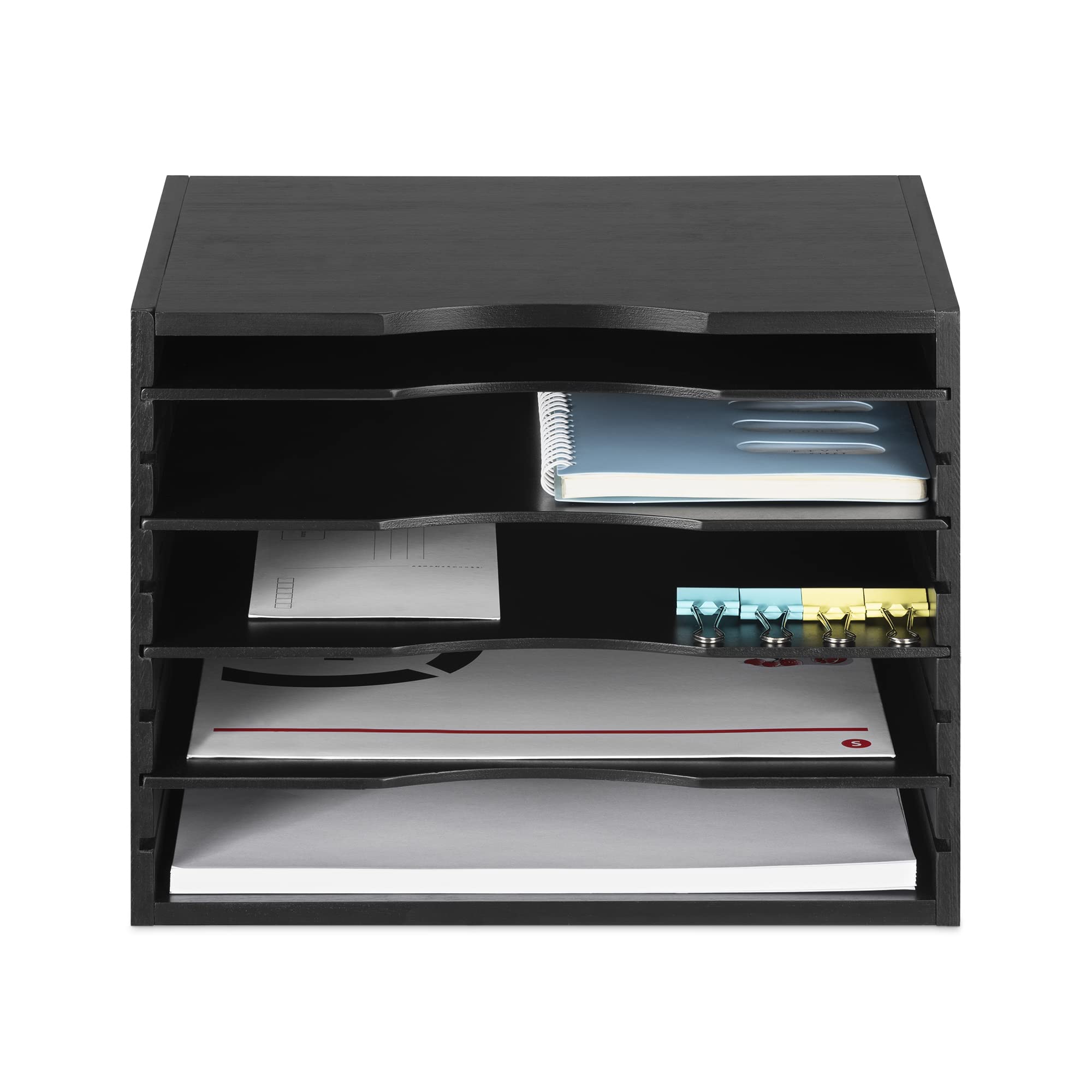 Navaris Organizador de documentos de bambú - Archivador de escritorio con 4x bandeja - Clasificador para papelería cartas folios de oficina - Negro