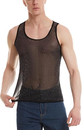 FEOYA Mens See Through Tank Top Sheer Mesh Shiny Crop Top Sleeveless Stretchy Lace Muscle Shirts