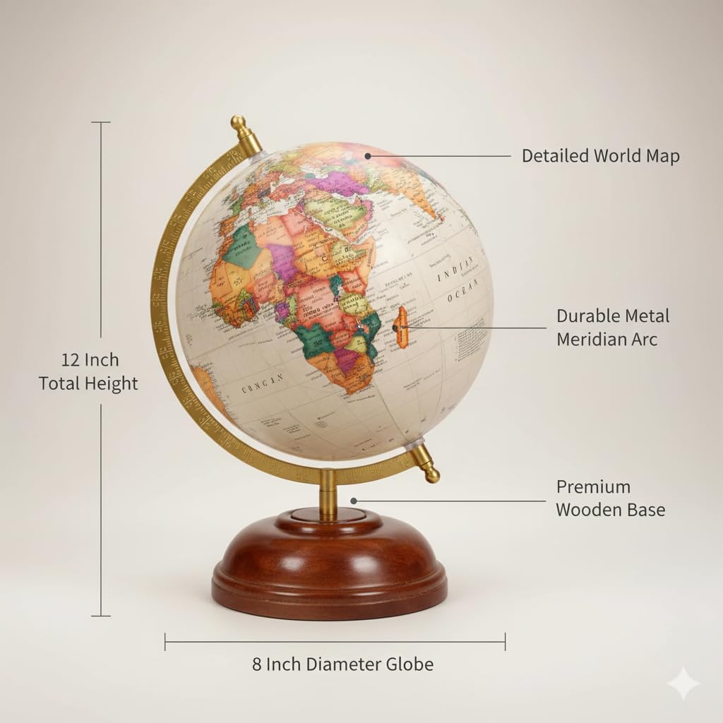 BABYPEACH 8 Inch Vintage World Map Desktop Globe | 360° Rotating Educational Globe with Brass Metal Meridian | Polished Wooden Base | Home Office Study Decor & Gift