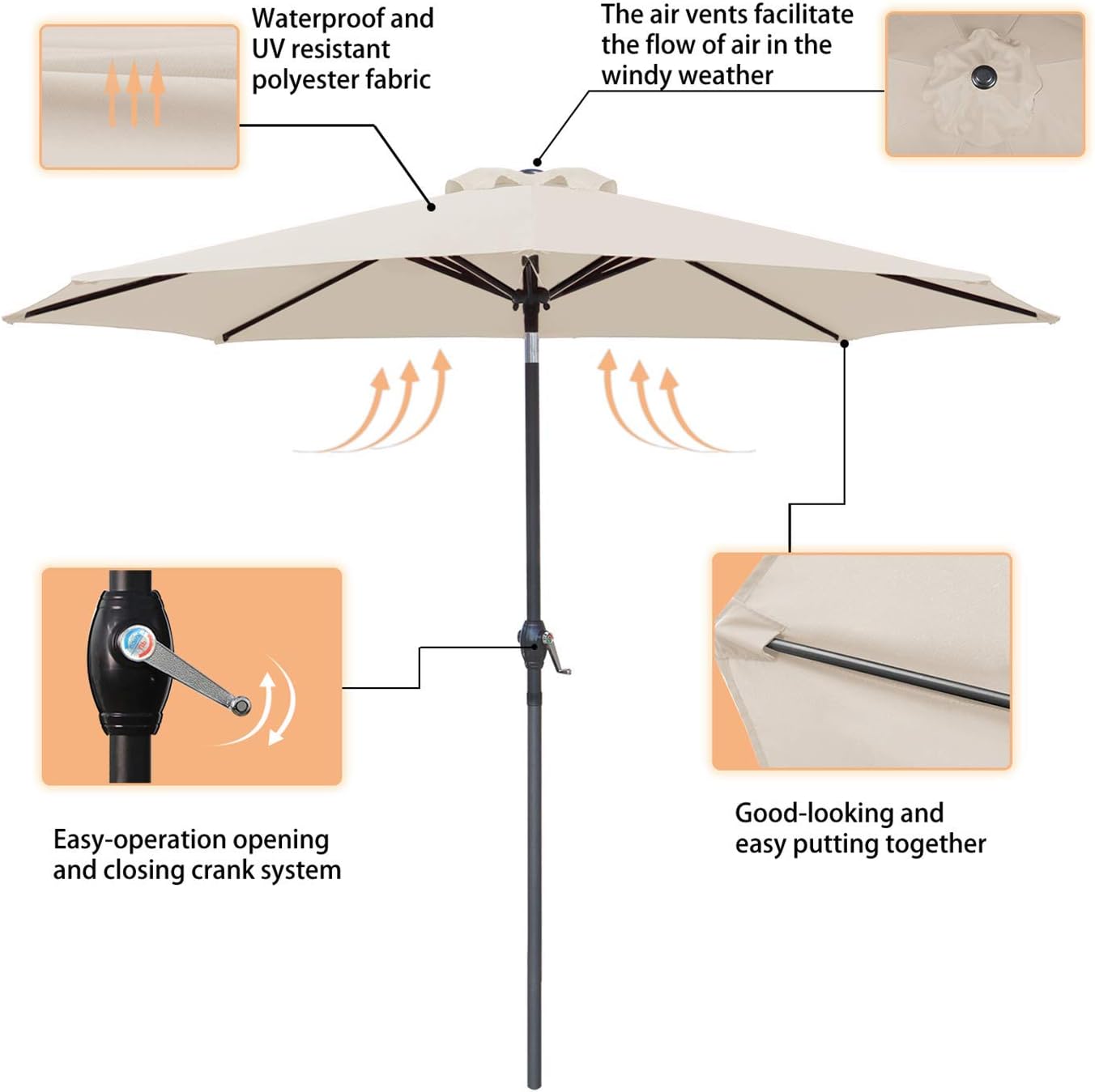 Greesum 9FT Patio Umbrella Outdoor Market Table Umbrella with Push Button Tilt, Crank and 8 Sturdy Ribs for Garden, Lawn,Backyard & Pool,Beige