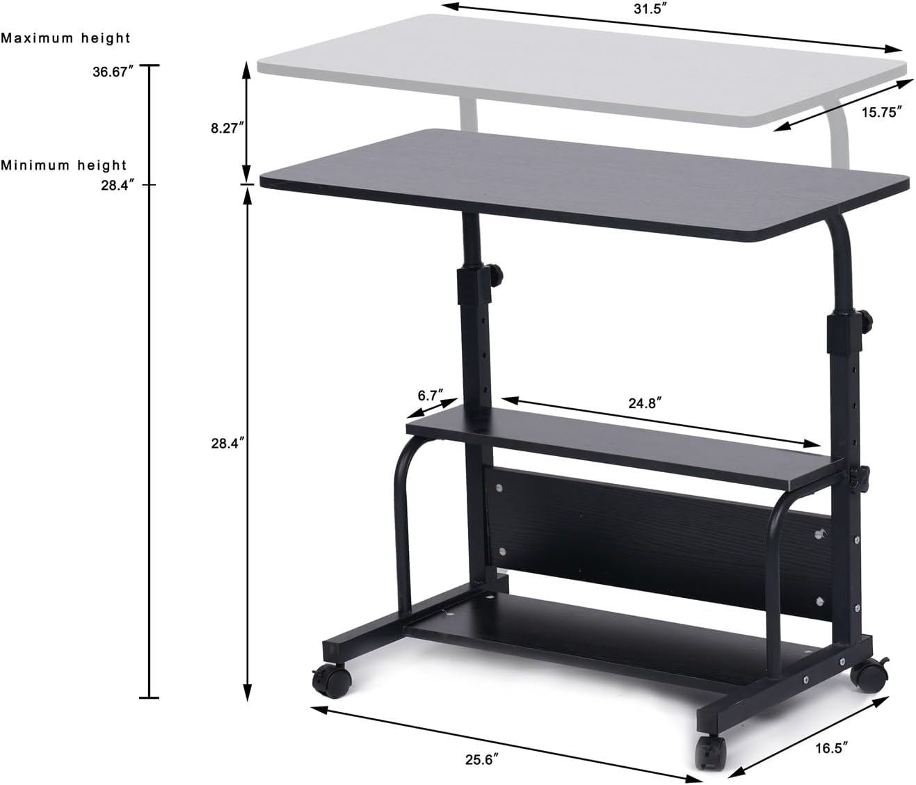 Portable Rolling Desk Adjustable Height Small Standing Desk on Wheels, 32 Inch Computer Laptop Table for Home Office Study Student Storage Mobile Desks for Couch Bedroom Black