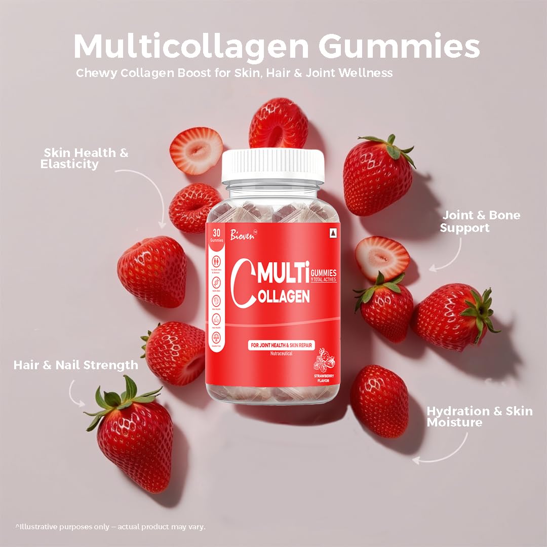 Biovencer Multi Collagen Gummies – Supports Skin Elasticity, Hair Strength, Nail Health & Joint Support – Collagen Supplement Gummies for Daily Beauty & Wellness