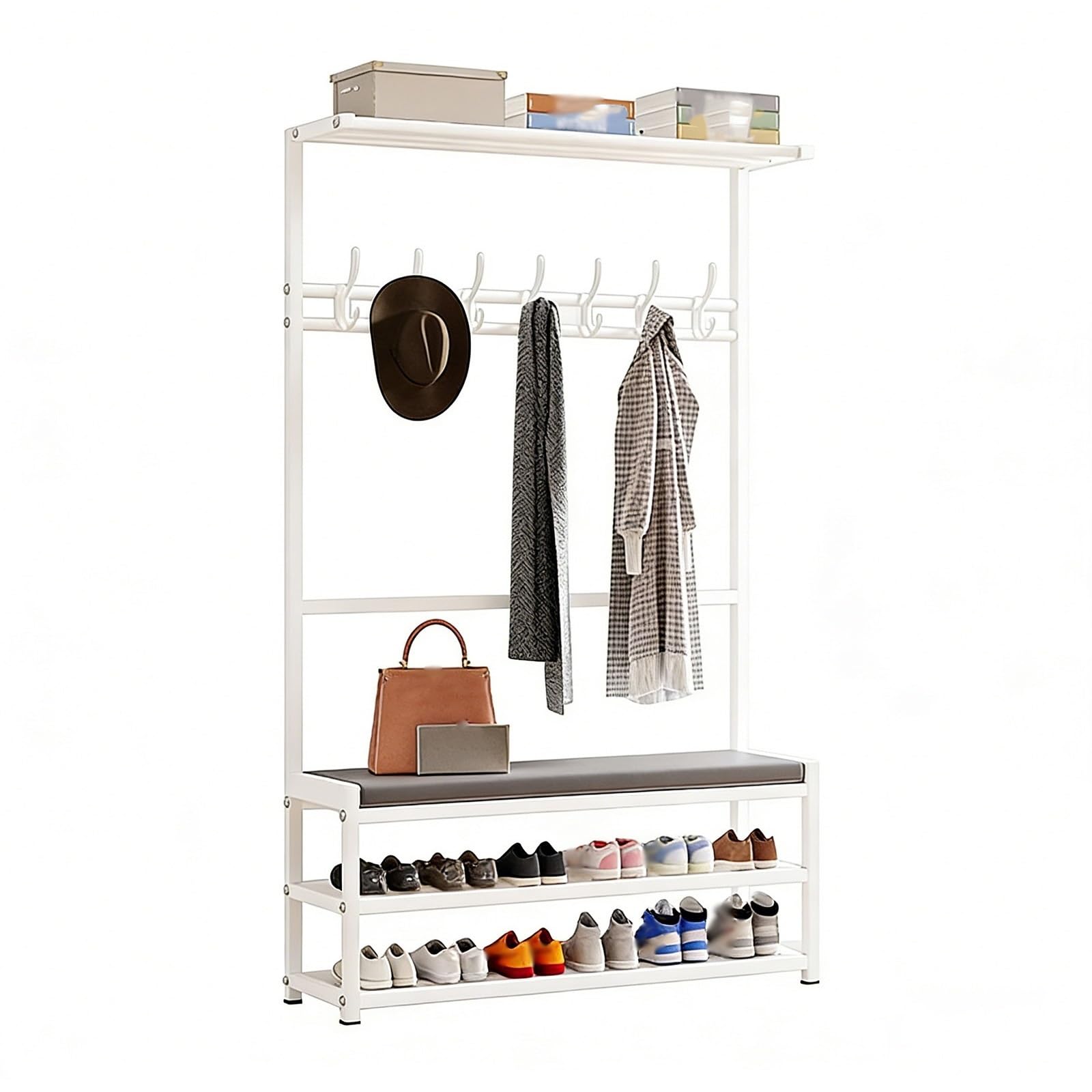 Árbol de pasillo industrial Sto Solut en color blanco con banco y estante para zapatos de 62.9"