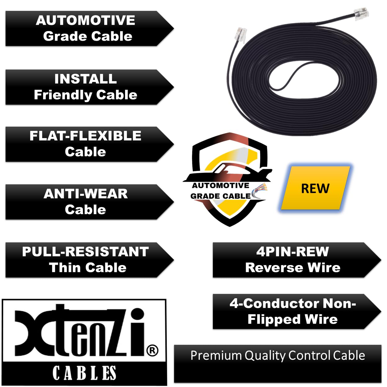 Diagram illustrating features of Xtenzi 4-Pin Flex Cable: Automotive Grade, Install Friendly, Flat-Flexible, Anti-Wear, Pull-Resistant, 4PIN-REW Reverse Wire, 4-Conductor Non-Flipped Wire