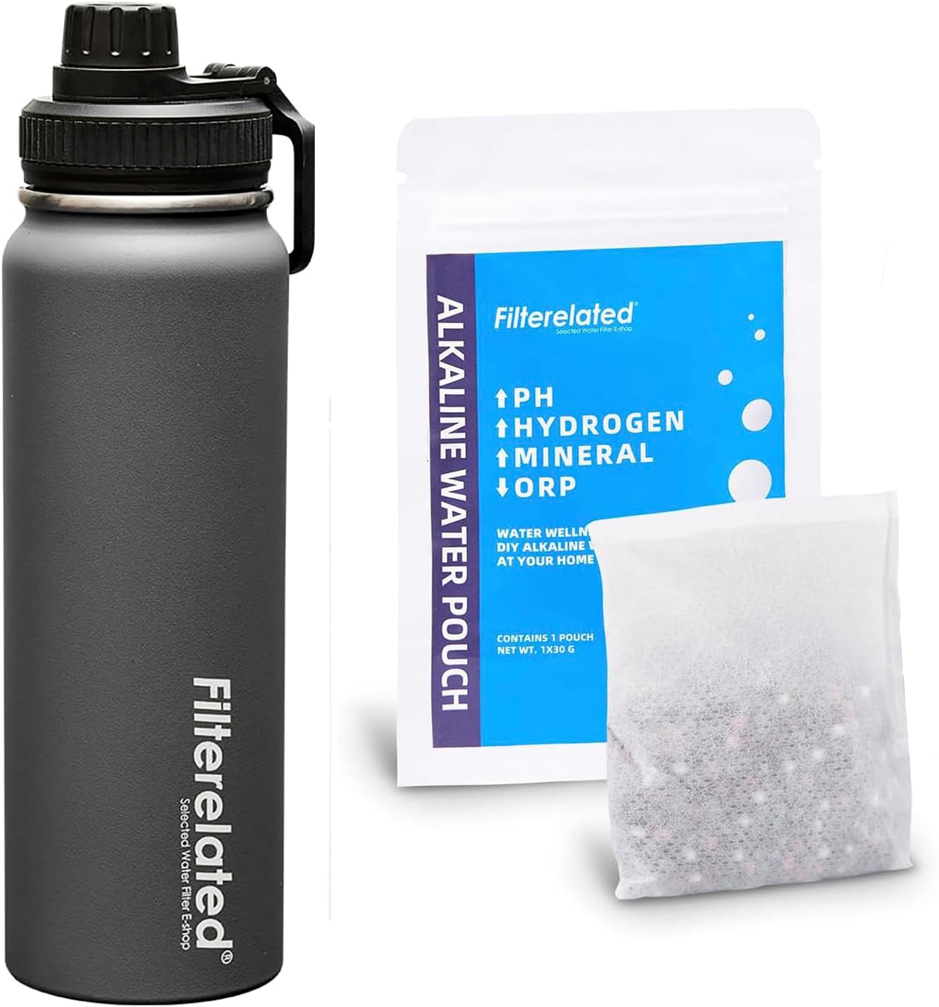 Alkaline Water Filter Pouch 100g*1+30 Oz Stainless Steel Alkaline Water Cup - Alkaline Hydrogen Rich Water Filtration System - Ph 9.5+