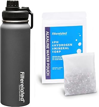 Alkaline Water Filter Pouch 100g*1+30 Oz Stainless Steel Alkaline Water Cup - Alkaline Hydrogen Rich Water Filtration System - Ph 9.5+