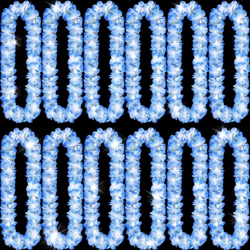 Sherr 12 Pcs Light up Hawaiian Leis LED Leis Necklace Flower with LED Lights Luau Flowers for Wedding Masquerade Beach Tropical Halloween Christmas Party Supplies(White Blue)