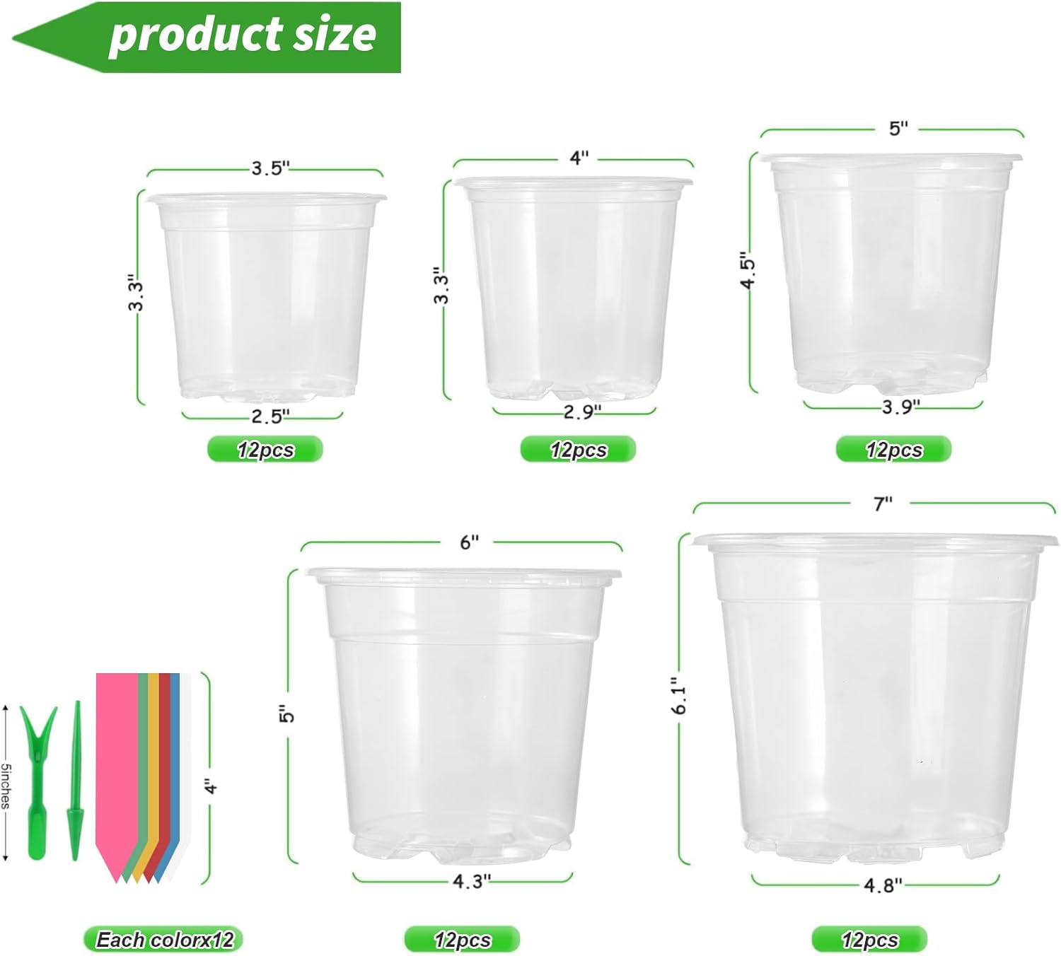 60 Pack Clear Nursery Pots with Drainage Holes, 3.5/4/5/6/7 Inch Clear Plastic Pots for Plants, Reinforced Transparent Nursery Pot with 60 Colorful Plant Labels 2 Garden Tools