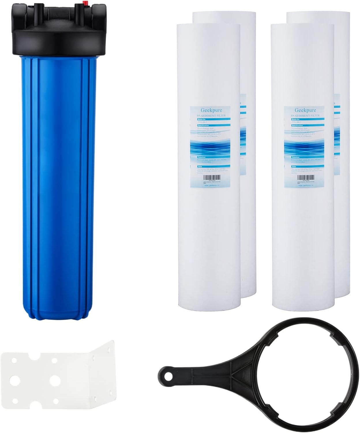 Geekpure Single Stage Whole House Water Filter System with 20-Inch Blue Housing-1"Port with 4 Pieces PP Filter