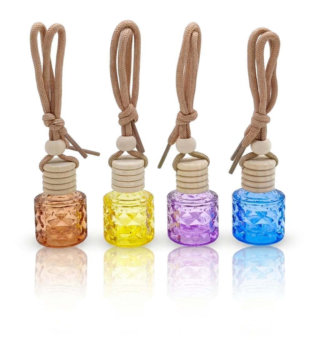 Hunky Dory 5ml Empty Glass Car Air Freshener Bottles – 4-Pack Hanging Diffuser Perfume Vials with Wooden Caps and Adjustable Cord for Essential Oils, Colorful Diamond Cut Design-image-32