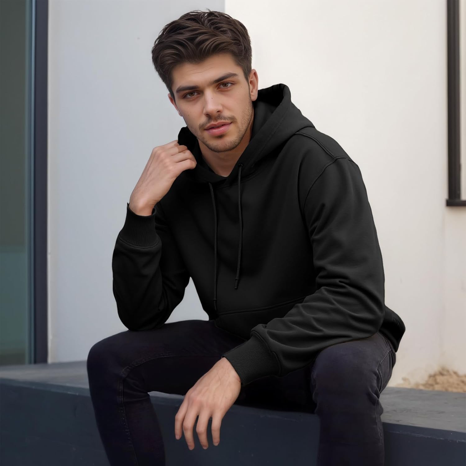 Mens Cotton Hooded Fashion Long Sleeve Hoodies Casual Drawstring with Pockets Pullover Sweatshirt for Men - Image 4