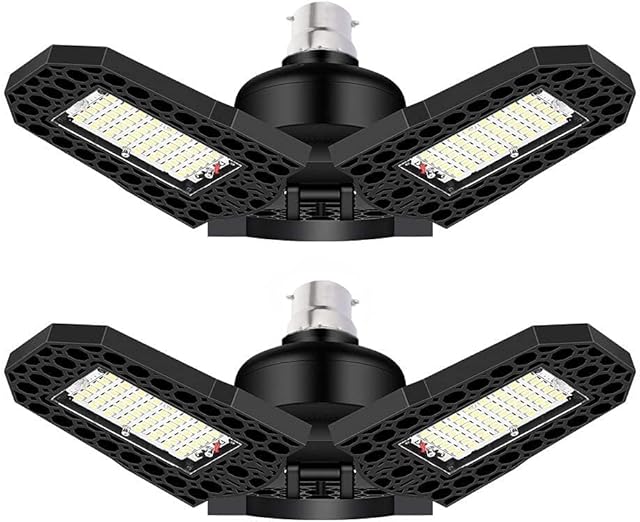 B22 Bayonet Cap LED Garage Lights 2 Pack, 80W Deformable LED Garage Ceiling Lights, Super Bright 9600 Lumens 3000K Warm White LED Shop Lights with 3 Adjustable Panels,CRI 80+ LED Garage Lighting