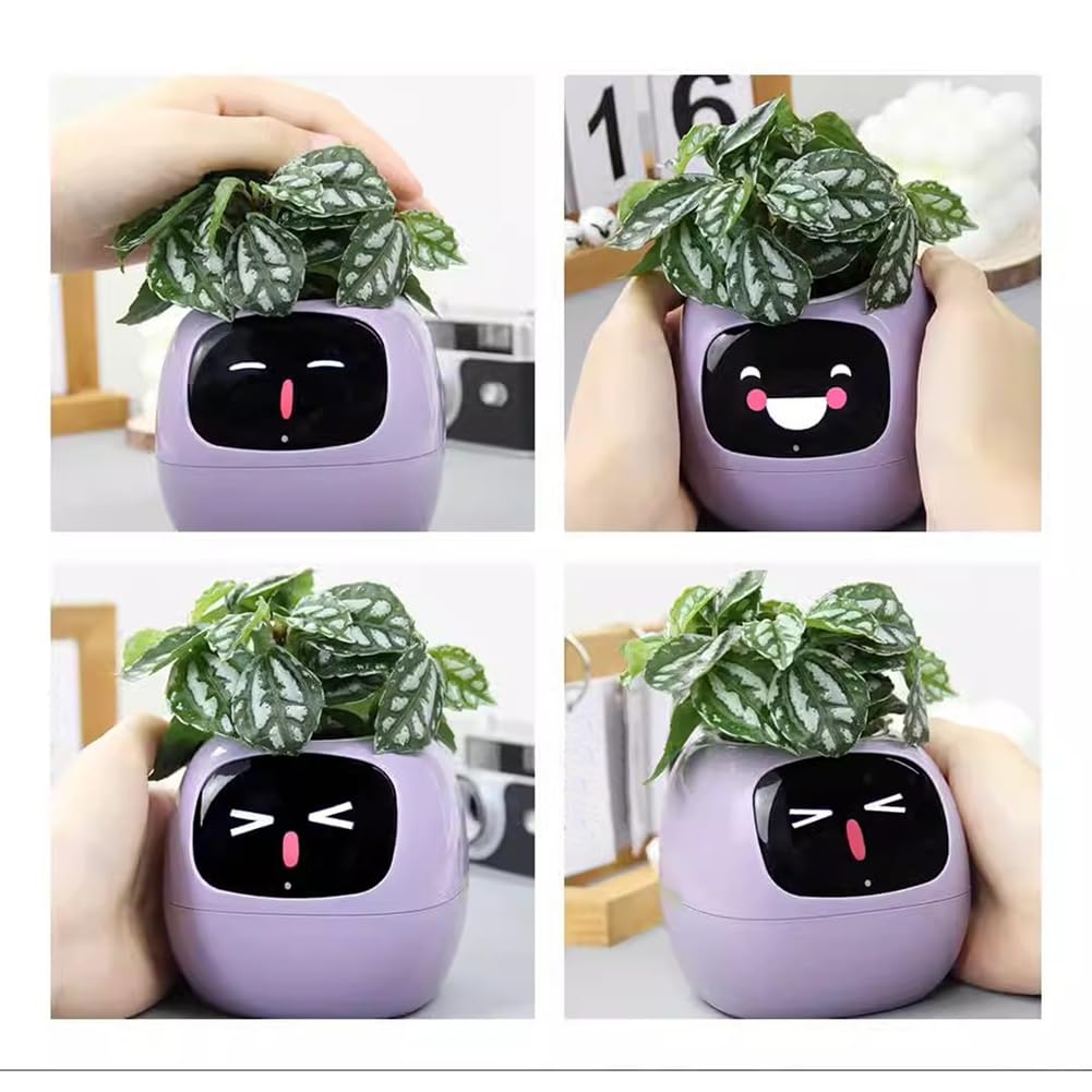 Robot Plantation Pots Fleurs pour Animaux Compagnie AI 7 Capteurs Intelligents Jardinière Intelligente Affichage la Température et L'Heure des Plantes Pots Fleurs Jaune